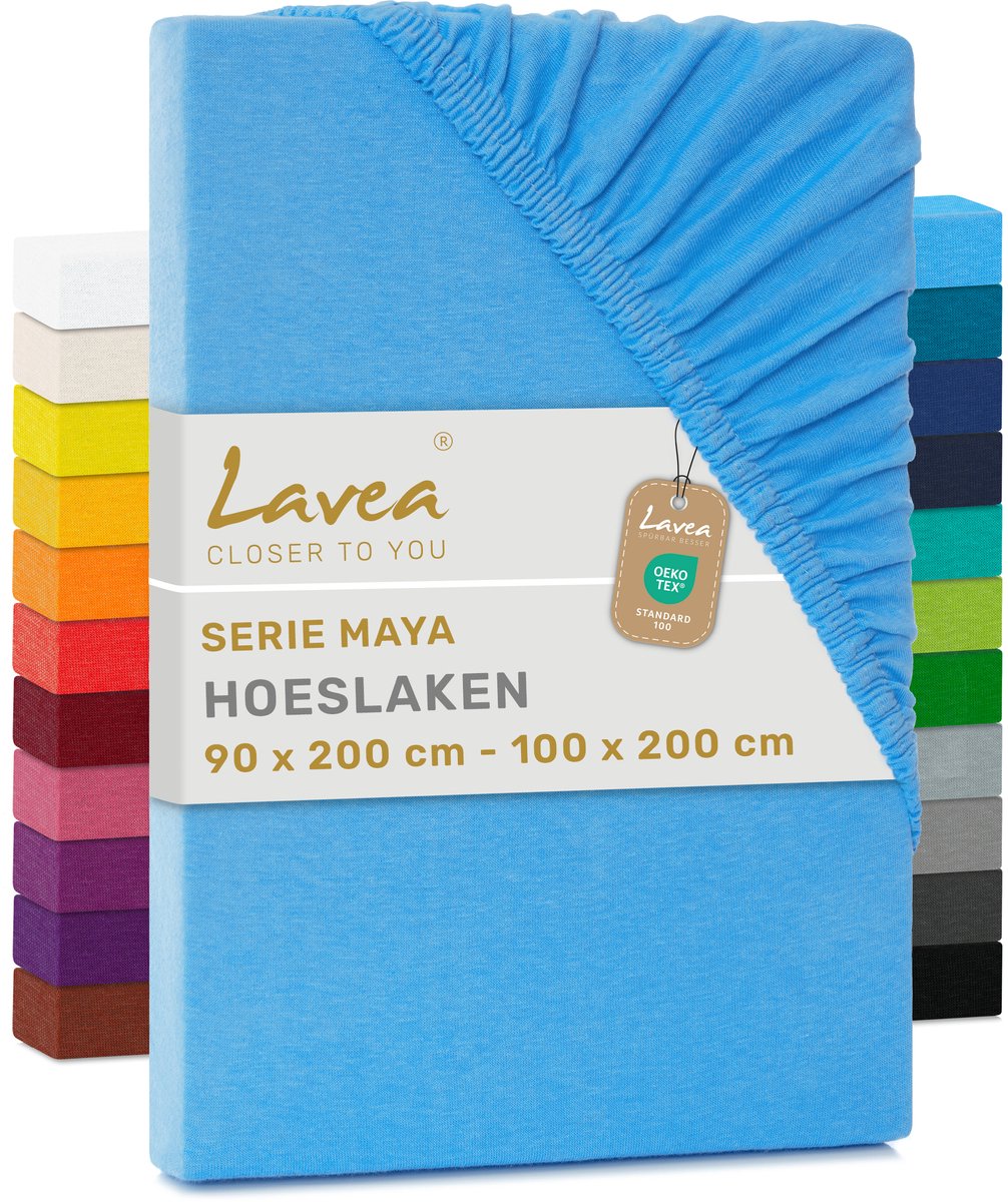 Lavea Hoeslaken Jersey Katoen Stretch 33cm Hoge Hoek - hemelblauw