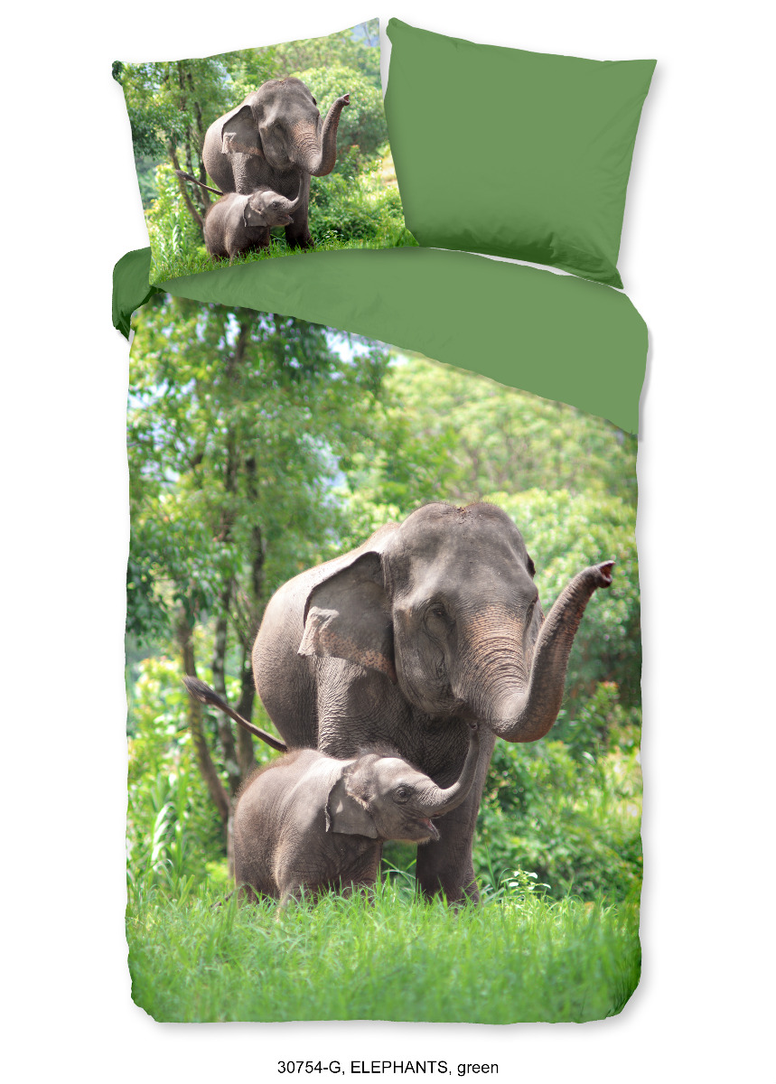 Good Morning Kinder Dekbedovertrek Katoen Renforcé Elephants - green 140x200/220cm