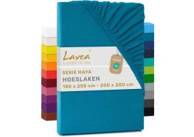 Lavea Hoeslaken Jersey Katoen Stretch 33cm Hoge Hoek - aqua