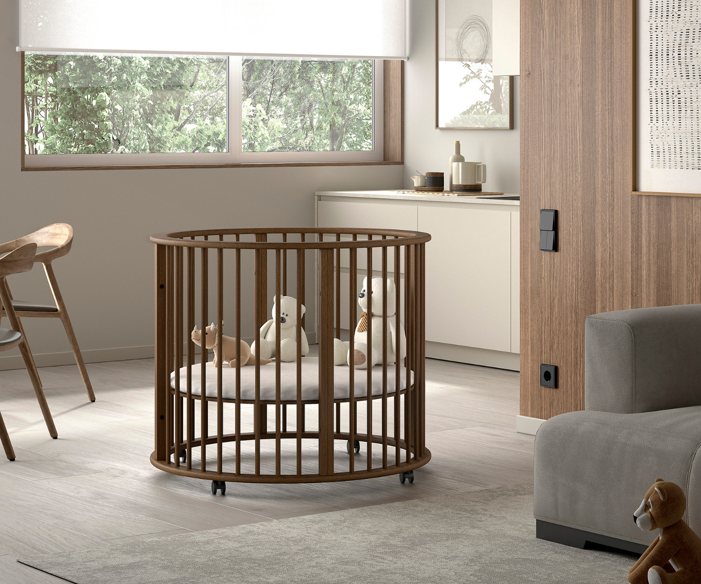 JAXX Baby Box Dino Rond met Verstelbare Bodem - Ø90cm walnut